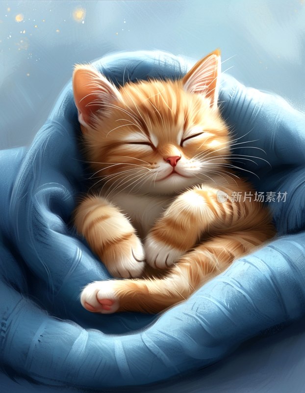 猫咪蓝毯蜷睡