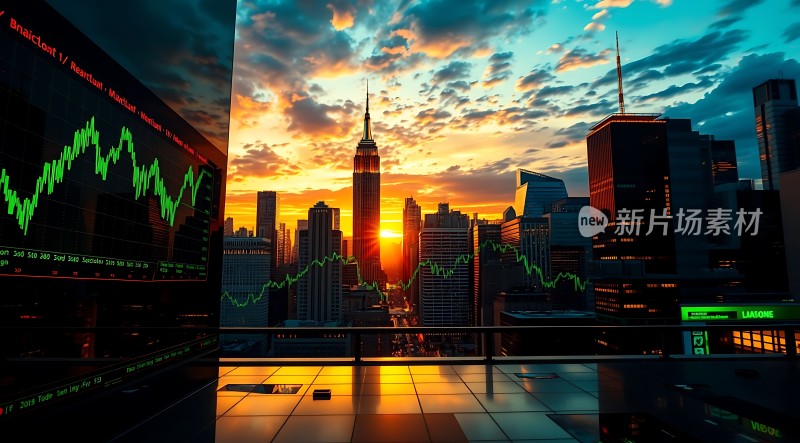 金融城日落摩天大楼与股票市场