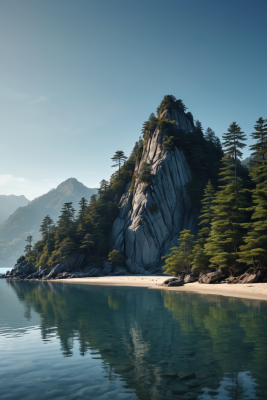 一艘小船在山附近的水面上高清风景插图片