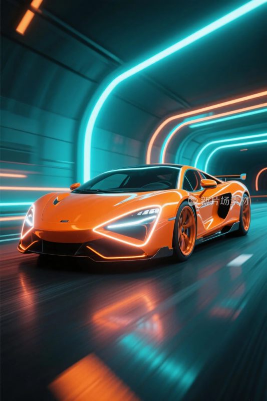 橙色跑车的霓虹隧道