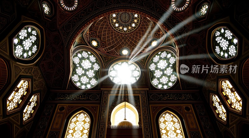 阳光洒满华丽教堂内部彩色玻璃窗透出神秘光芒