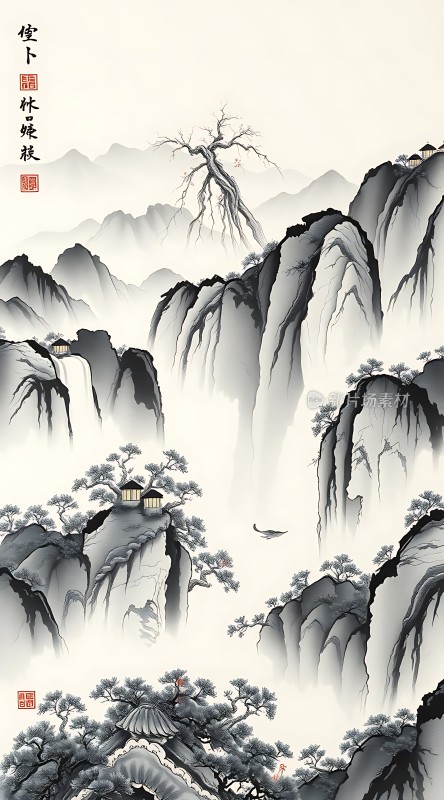 云雾缭绕的山川古树与建筑点缀其间意境深远