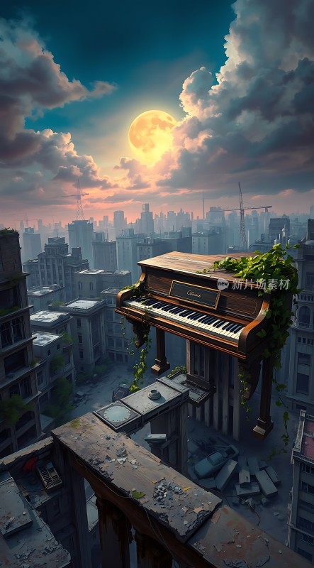 废弃城市中的钢琴