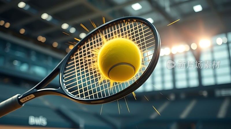 网球拍与黄色球碰撞瞬间