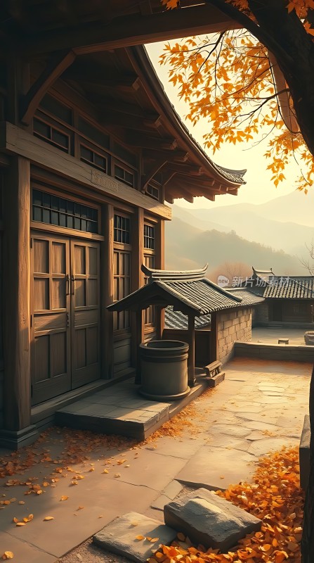 秋日古院落叶铺径