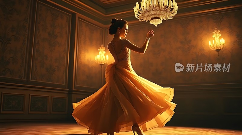 金色舞裙旋转华丽宫殿光影交错