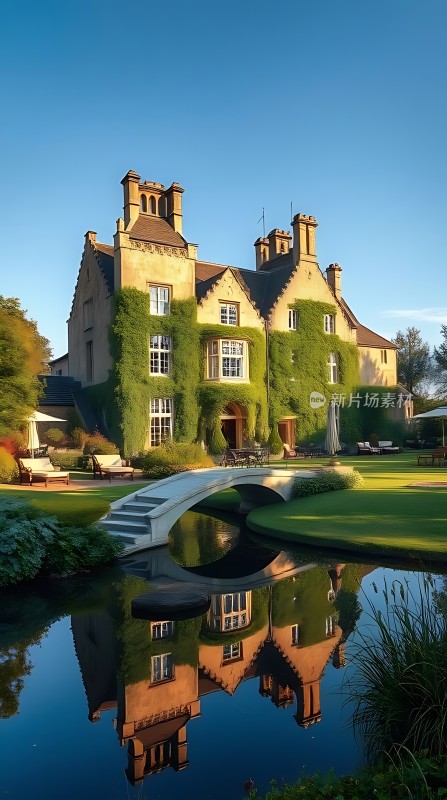 湖畔古堡绿意盎然倒影如画