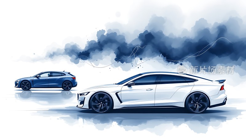 白色与蓝色跑车竞速水墨风格渲染动感场景