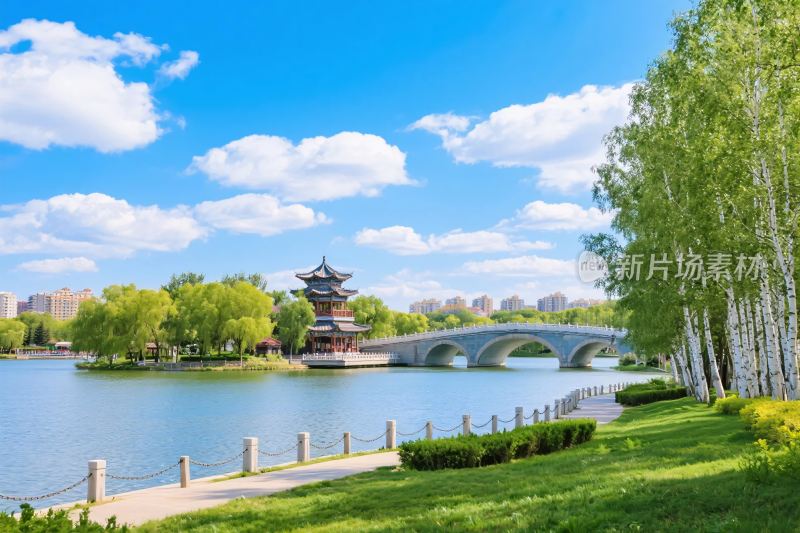 湖岸古建风景图