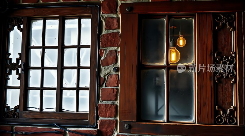 复古砖墙上的两扇窗户