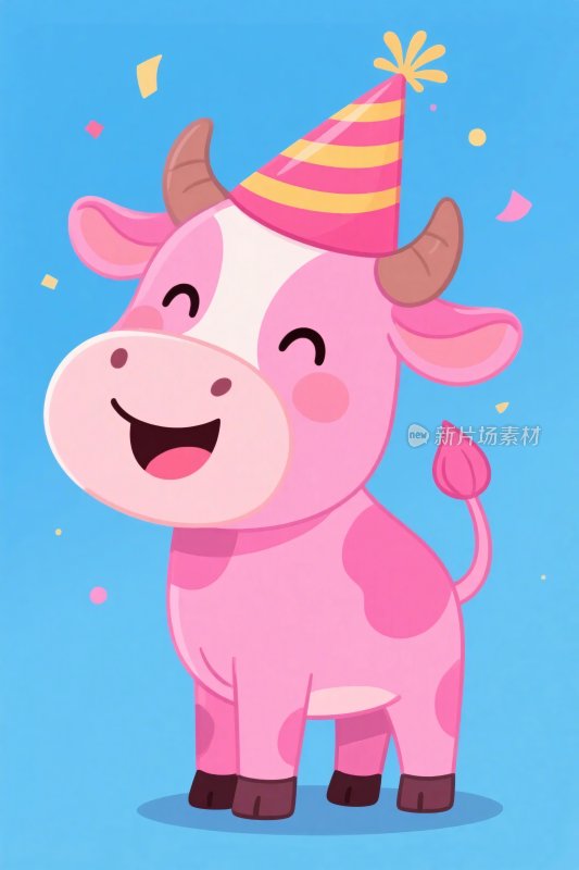 卡通粉色牛戴生日帽