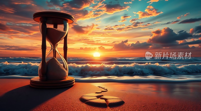 日落时分的沙滩上沙漏与脚印