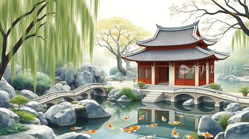 古亭垂柳映碧波