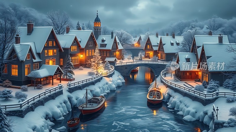 雪夜小镇温馨宁静
