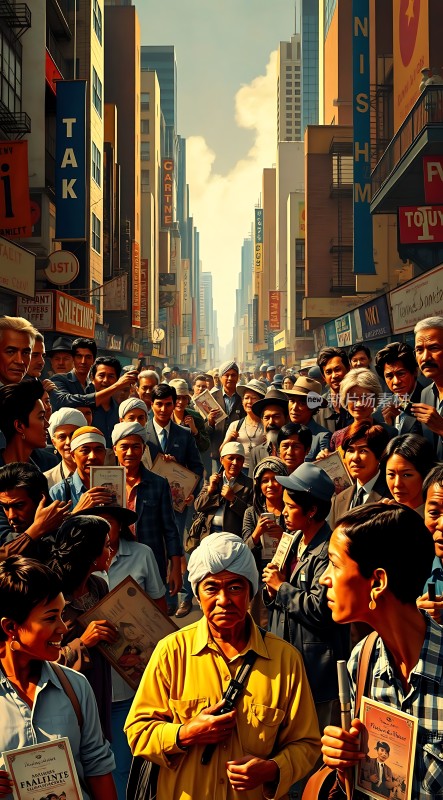 繁华都市街头人群熙攘建筑林立广告牌琳琅满目