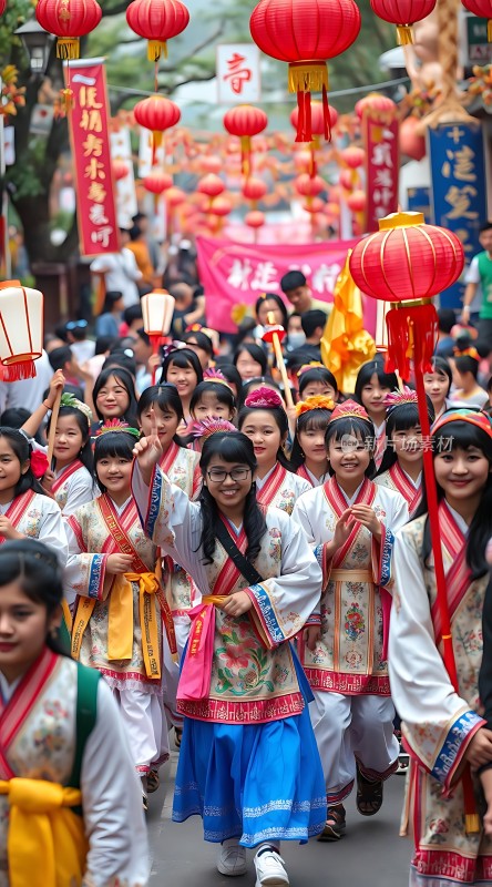 汉服少女游行灯笼高挂节日气氛浓厚