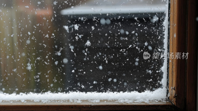 冬季大雪窗户结冰雪花飘落自然风光摄影背景