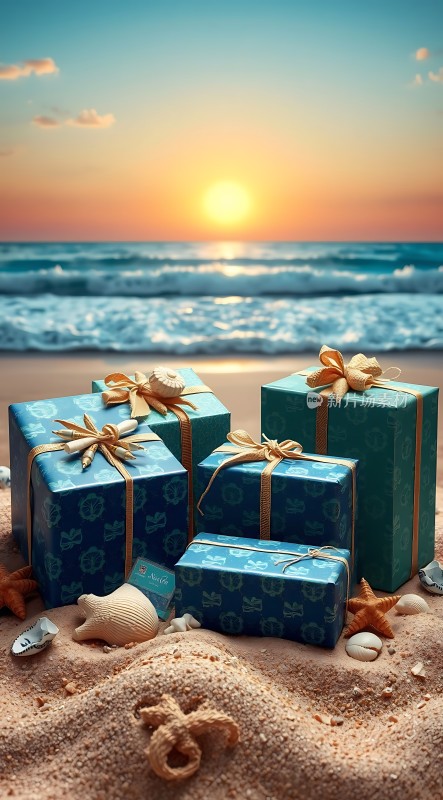海滩上的蓝色礼物盒