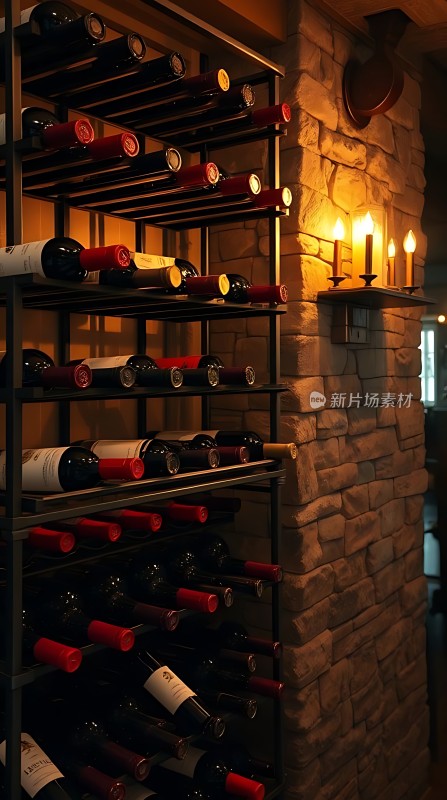 红酒陈列架旁石墙上的烛光