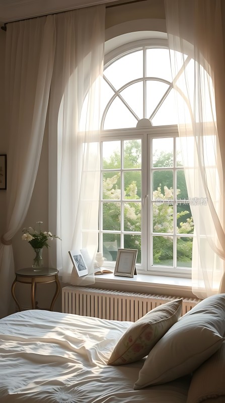 阳光洒满温馨卧室白色床铺与窗帘相映成趣