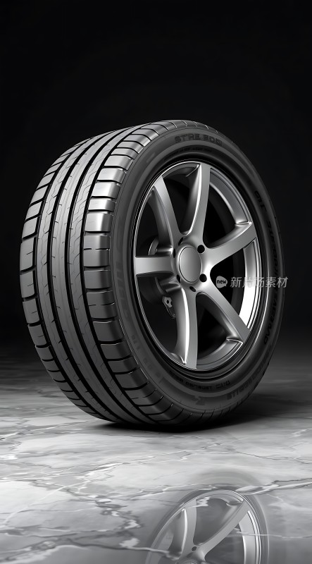 新轮胎银色轮毂黑色背景下的完美展现