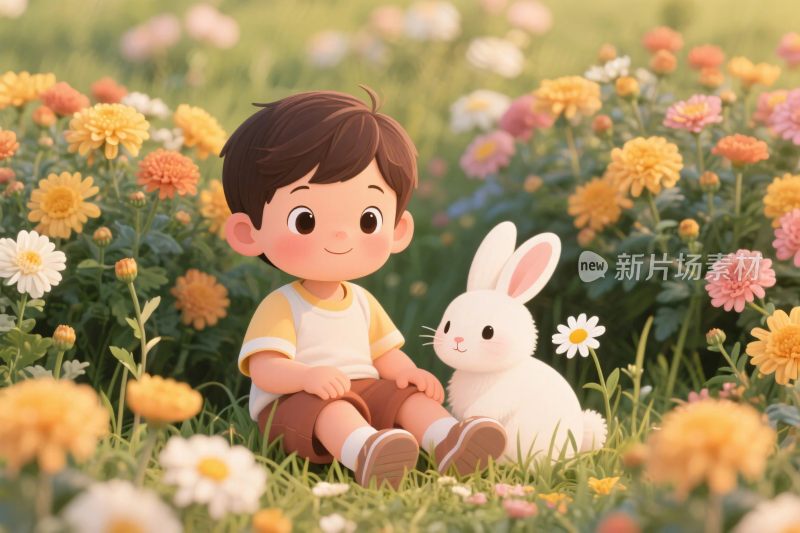 花丛中小孩与兔子插画