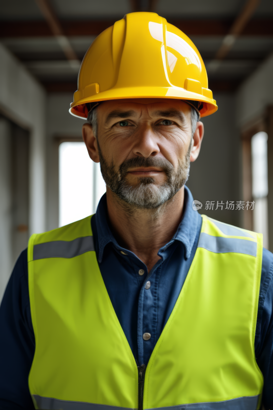 身穿黄色安全帽和安全背心的男子高清图片