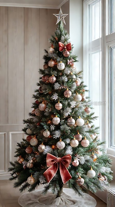 温馨圣诞树粉色与白色装饰点缀营造节日氛围