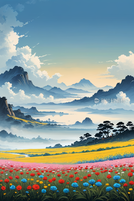 一片花山的美丽风景高清插画图片