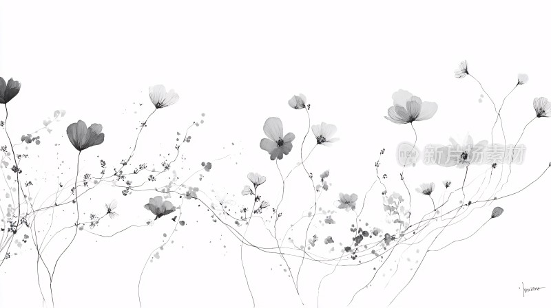 黑白花卉简约插画