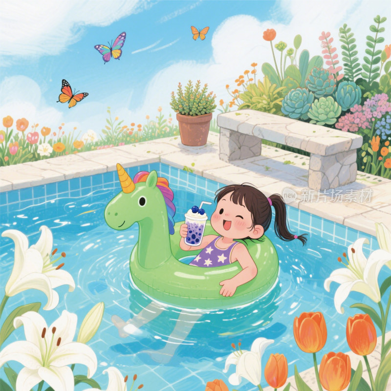 夏天节气游泳池女孩手绘插画