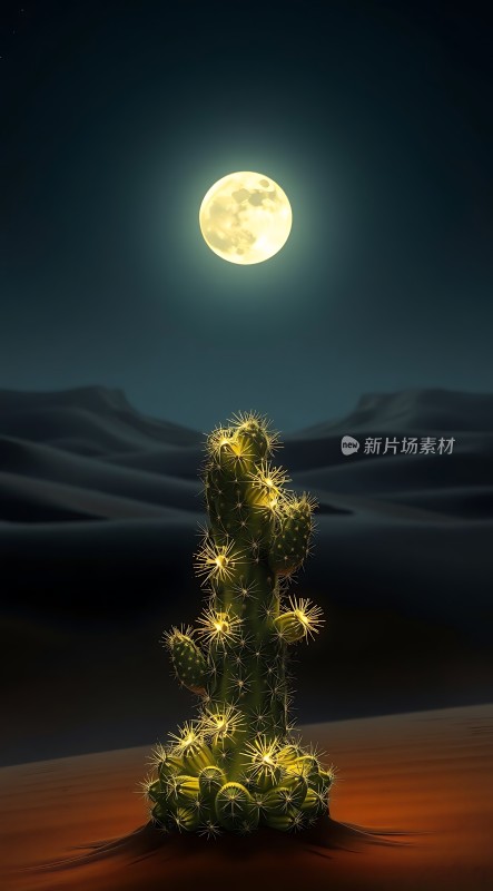 沙漠中的月光下的仙人掌