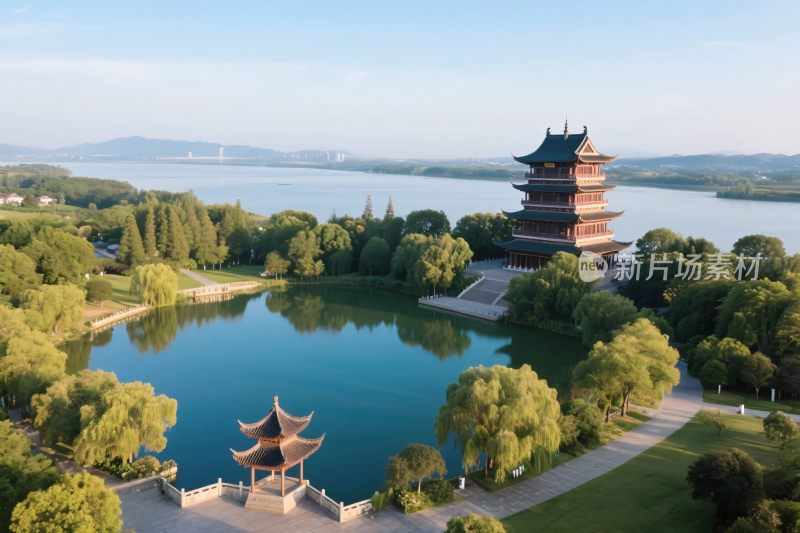 湖畔古建筑风景图