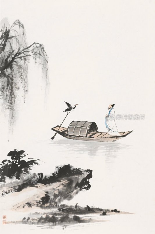 水墨山水小船插画