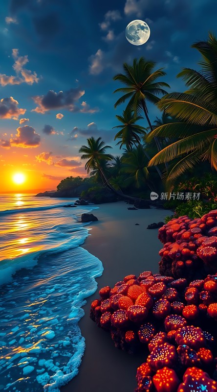 椰林月下海浪轻拍沙滩