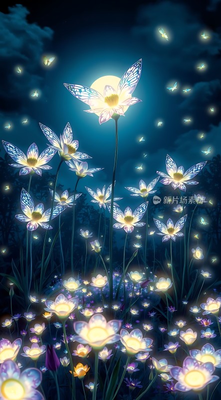 萤火虫与蝴蝶花夜色下的梦幻之舞