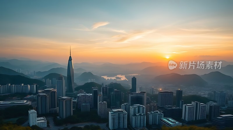 城市日出山峦环绕高楼林立阳光洒满大地