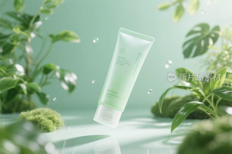 绿色背景中的护肤品展示图