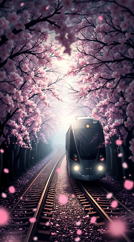 樱花雨中列车穿行