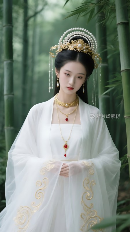 汉服佳人竹影婆娑间红妆如画