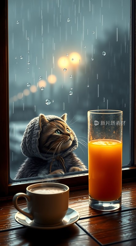 窗边橘猫望雨景桌上饮品伴时光