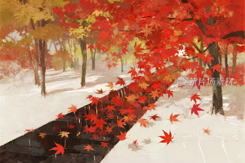 冬日枫叶雪景风景画