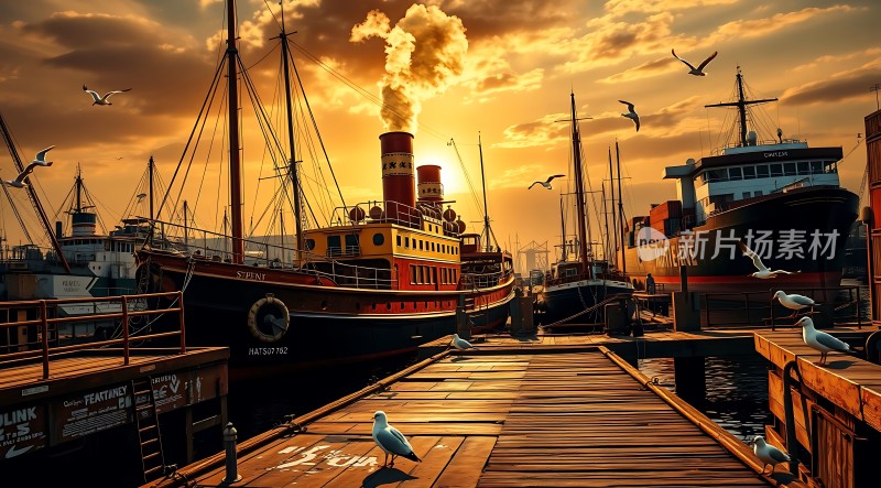 日落港口蒸汽船与海鸥共舞