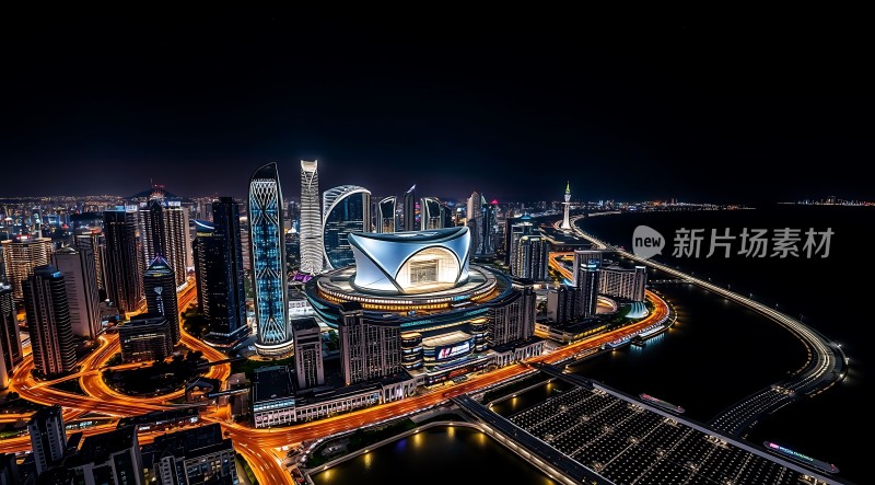 璀璨都市夜景现代建筑群与繁华交通交织
