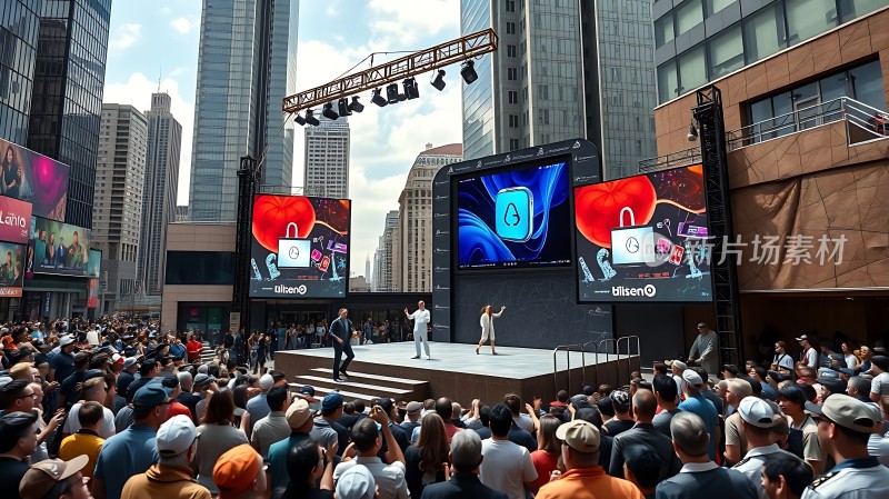 新品发布会现场观众围观舞台演讲