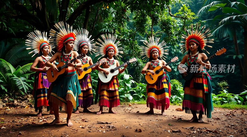 热带雨林中身着传统服饰弹奏吉他的女子乐队