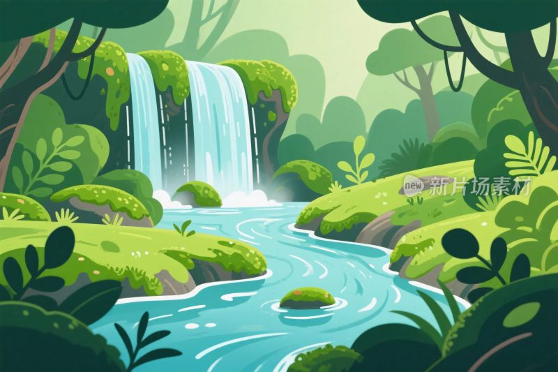 森林瀑布插画