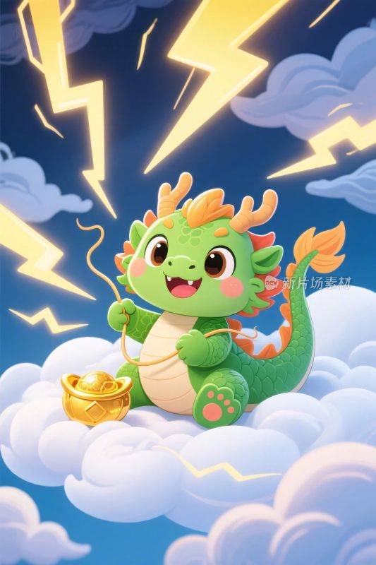 卡通小龙云间闪电插画