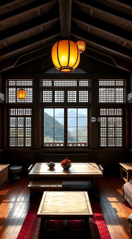 古色古香茶室木制家具与灯笼营造温馨氛围