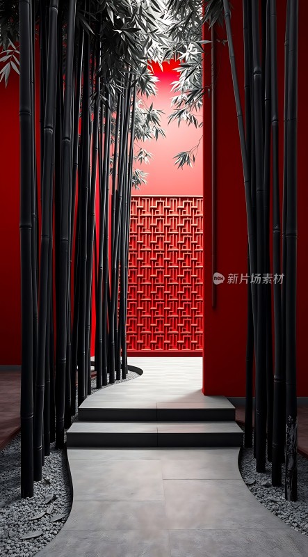 竹影红墙映小径